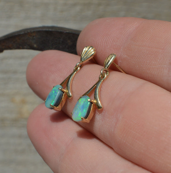 14ct Gold Black Opal Drop Earrings, Australian Opal