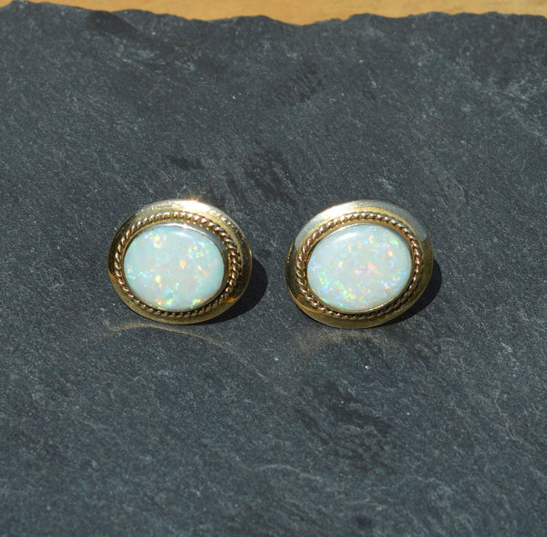 Large 9ct Gold Opal Clip on Earrings, non pierced ears