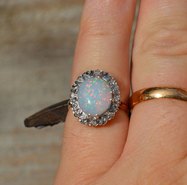 Large 9ct Gold Opal and Diamond Cluster Ring, Australian Crystal Opal