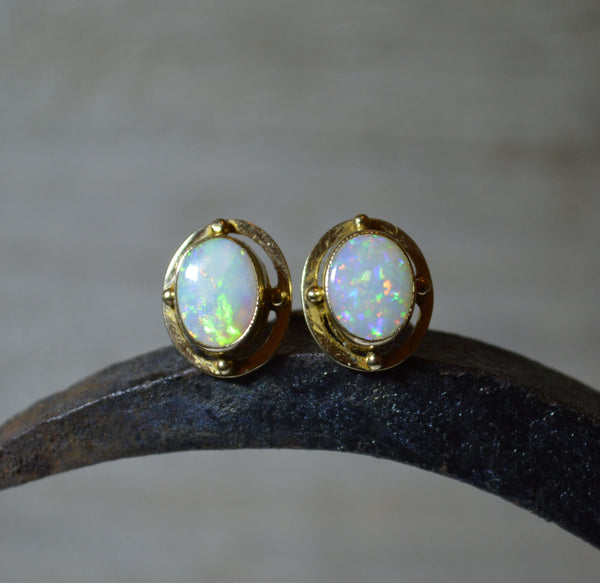 Large 9ct Gold Oval Opal Stud Earrings, Australian Crystal Opals