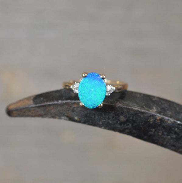 9ct Gold Opal Doublet and Diamond Ring, Australian Opal Doublet