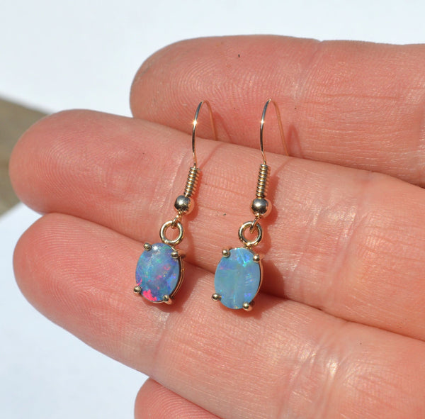 Oval 9ct Gold Opal Doublet Drop Earrings, Australian Opal