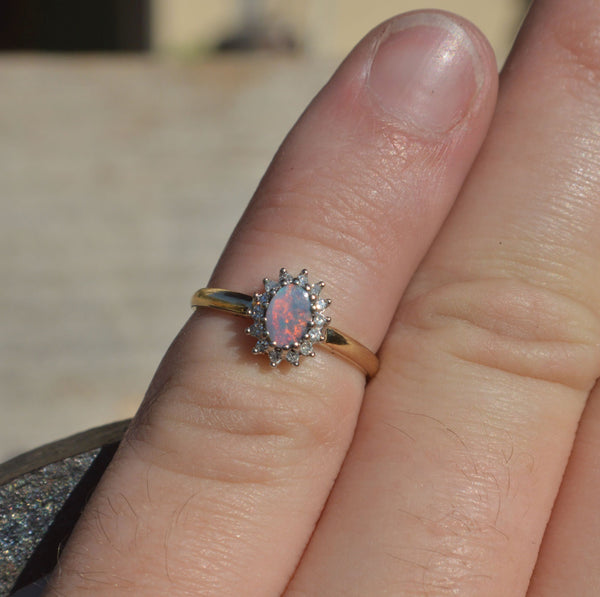 18ct Gold Black Opal and Diamond Halo Ring, Australian Opal