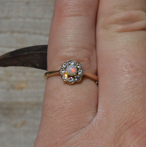 Vintage 9ct Gold Opal and Cz Ring, Dainty Australian Opal