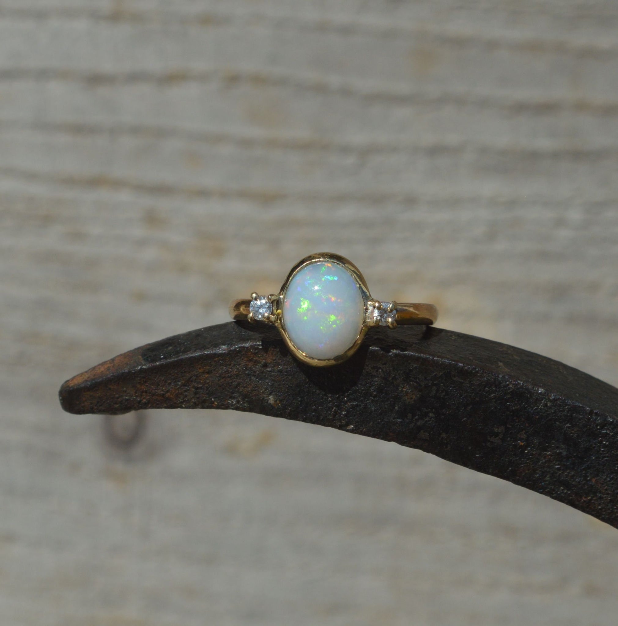 9ct Gold Australian Opal and Diamond Ring, Handmade Gold Ring, Genuine Opal and Diamond, G VS2