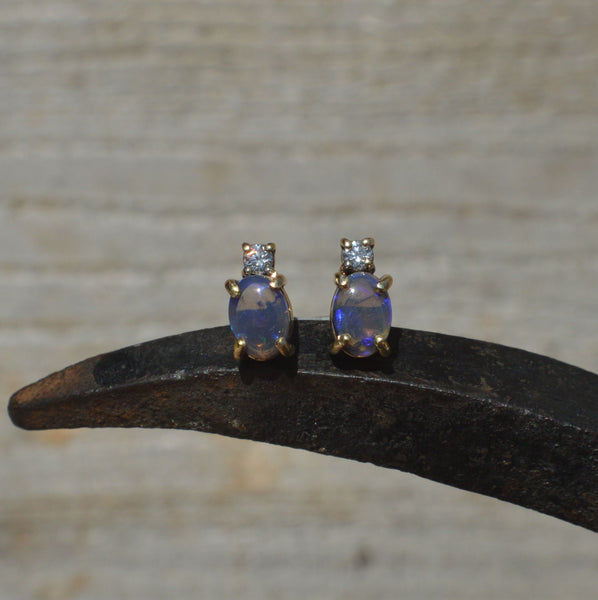 9ct Gold Black Opal and Diamond Stud Earrings, Australian Opal