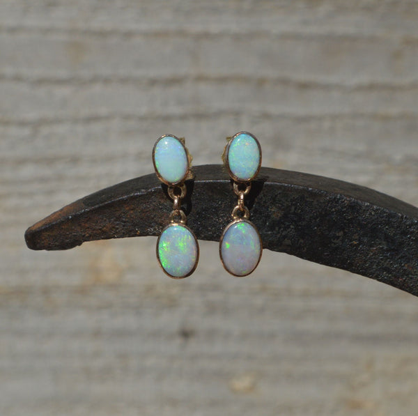 9ct Gold Australian Opal Drop Earrings, Oval Opals