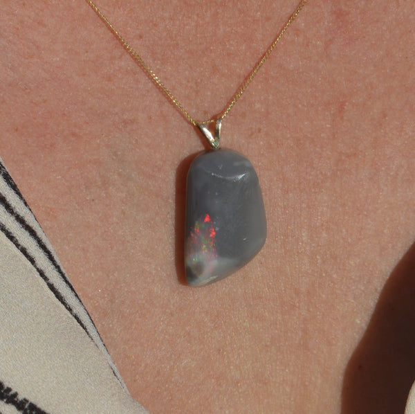 18ct Gold Semi Black Opal Pendant, Australian Opal Necklace, Red and Black Dangle Drop, Minimalist Black Opal Necklace, Gifts For Her