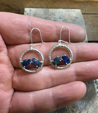 Round Silver and Opal Dangle Earrings, Teardrop Blue Opal Doublets, Handmade Jewellery, Unique Silver Earrings, Silver Earring Gift For Her